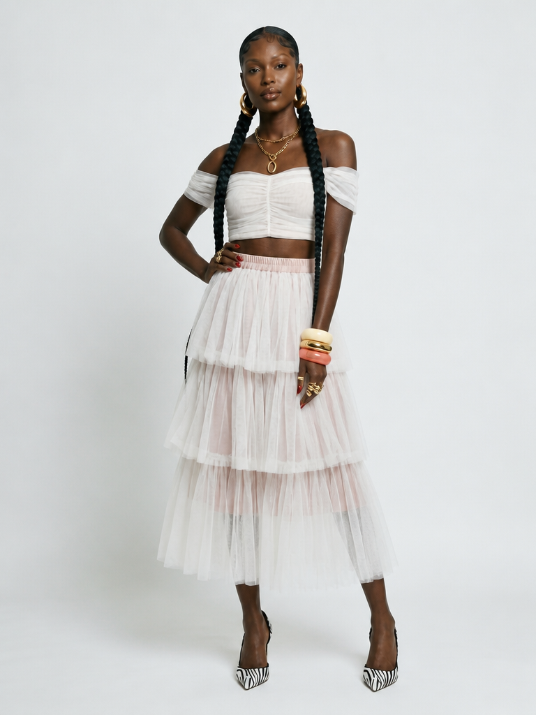 Liberated Mesh Tiered A-Line Skirt