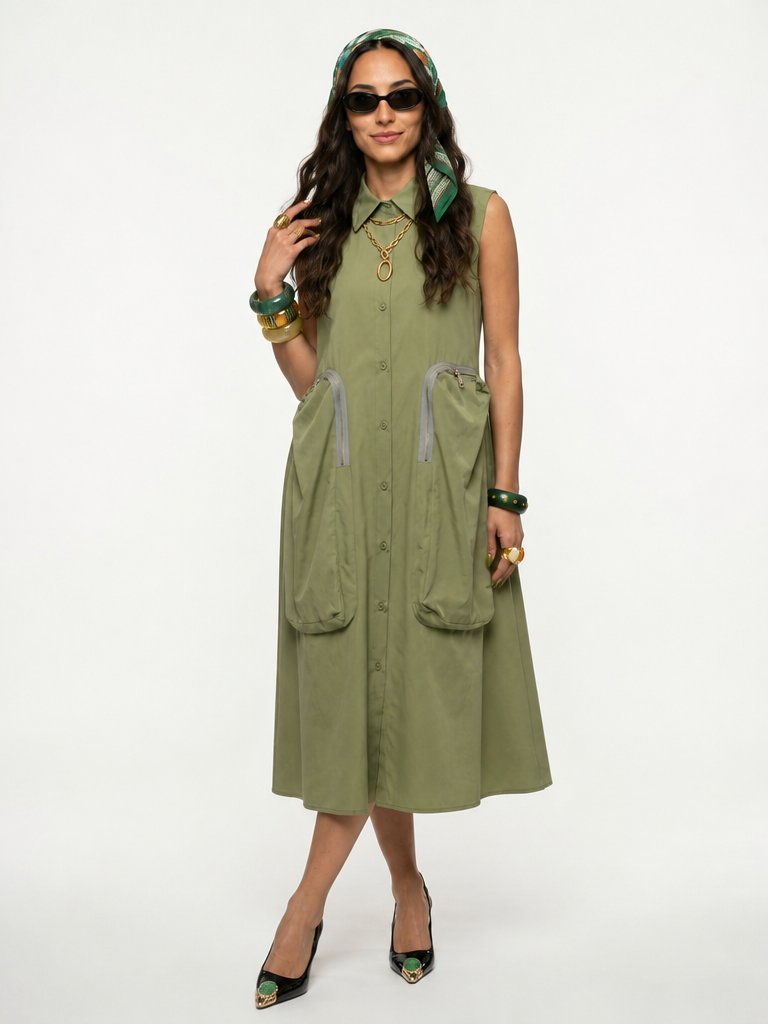 Confident Sleeveless Pocketed Shirt Dress