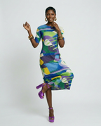 Vibrant Abstract Pleated Midi Dress