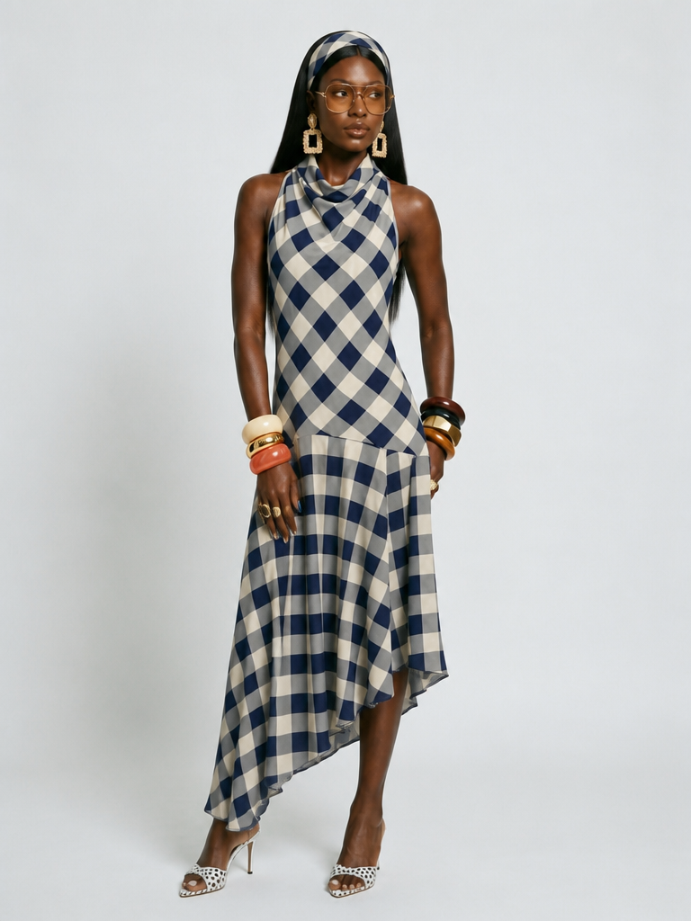 Ethereal Plaid Halter Midi Dress