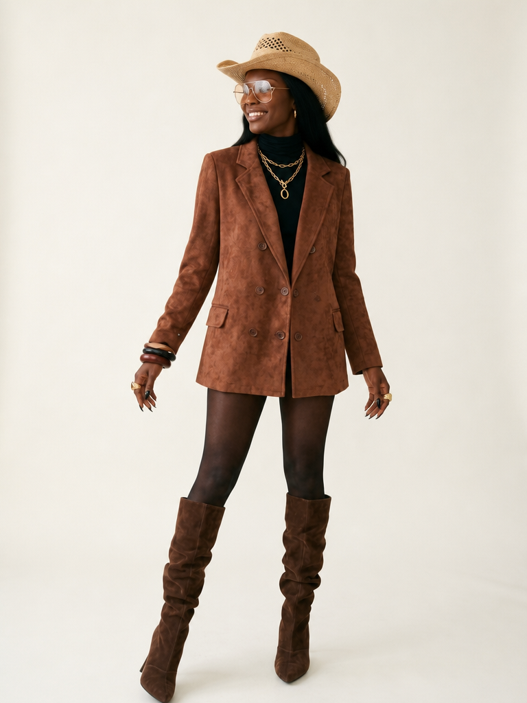 Confident Double Breasted Faux Suede Blazer