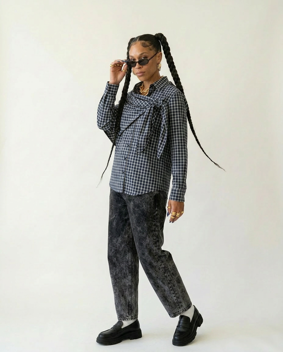 Unique Plaid Irregular Bow Blouse