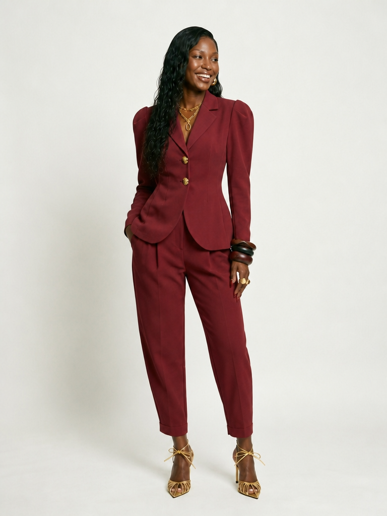 Confident Slim Puff Sleeve Pant Suit