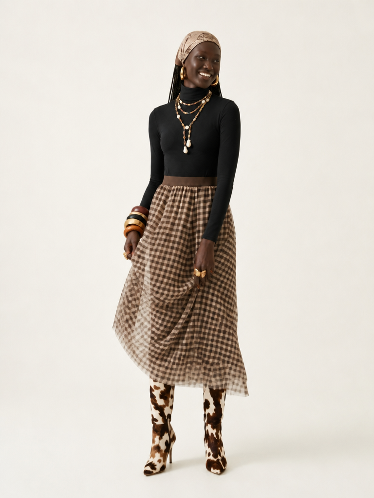 Grounded Plaid Mesh A-Line Skirt