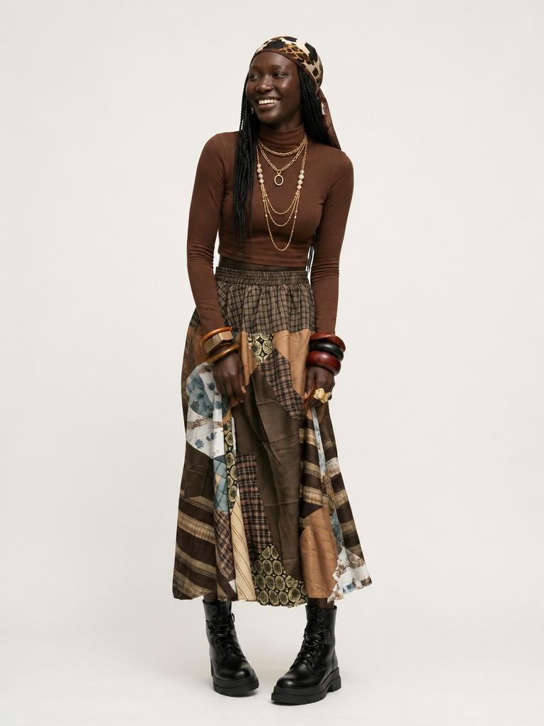 Unique Patchwork Plaid Maxi Skirt