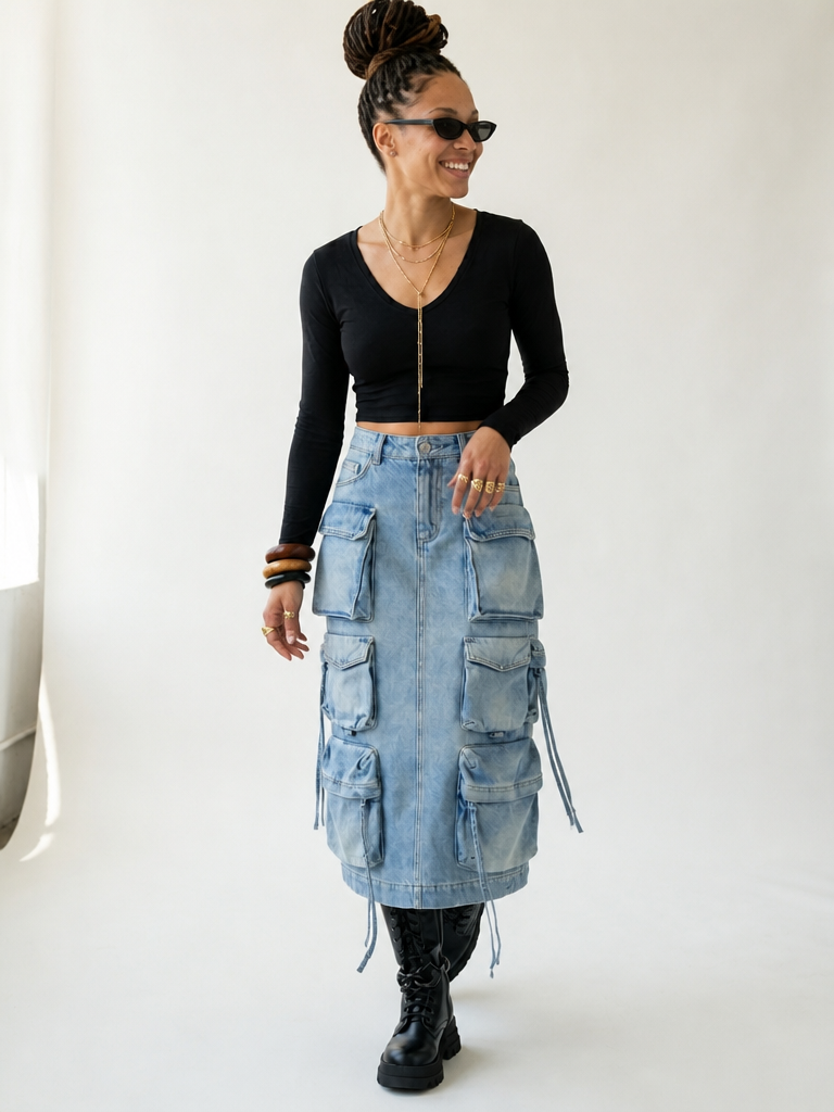 Audacious Denim Cargo Midi Skirt