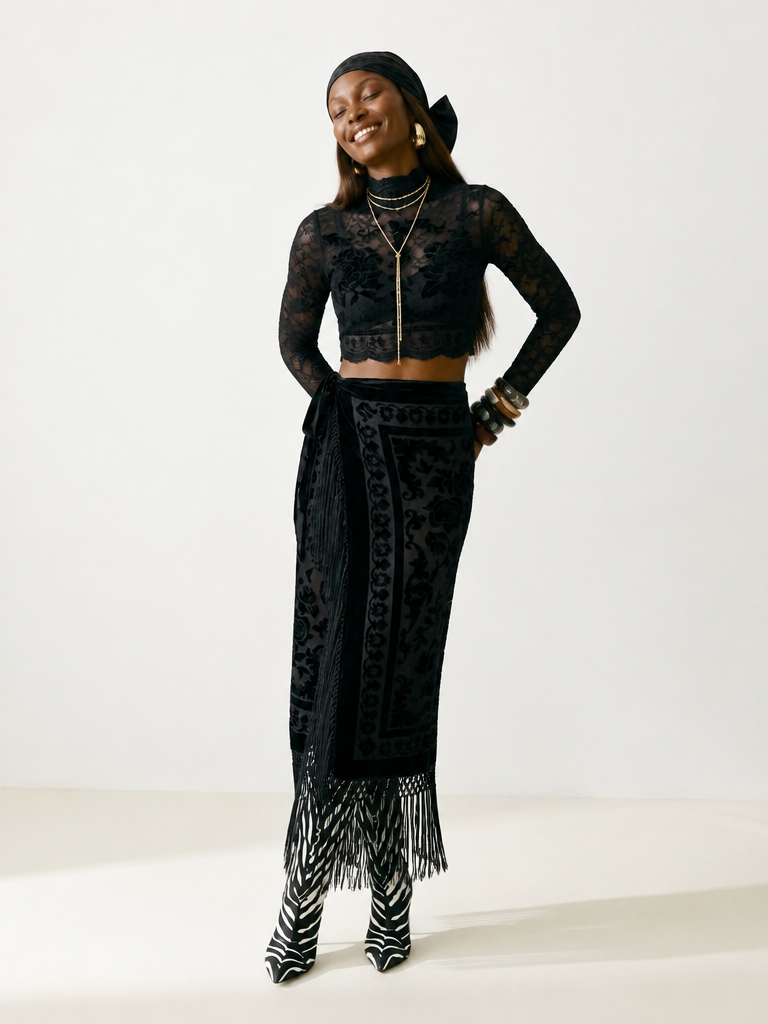 Divine Velvet Fringe Midi Skirt
