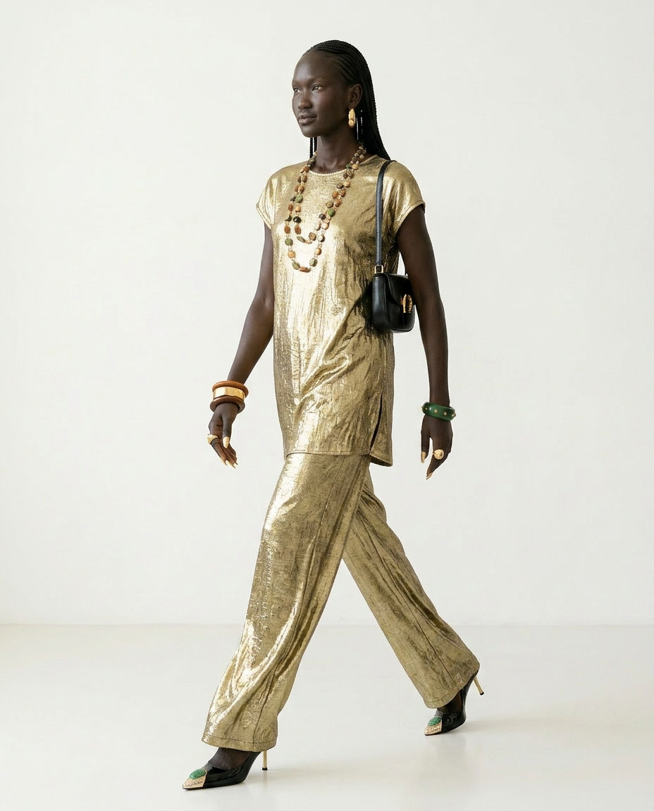 Divine Golden Pleated Two-Piece Set