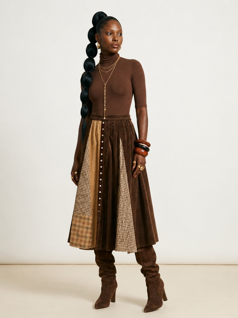 Grounded Plaid Patchwork A-Line Skirt