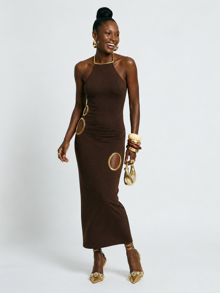 Magnetic Gold Cutout Halter Maxi Dress