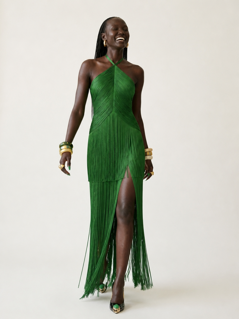 Vibrant Fringe Halter Maxi Dress