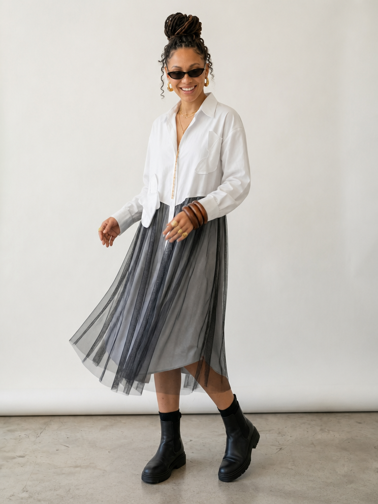 Unique Mesh Patchwork Shirt Dress