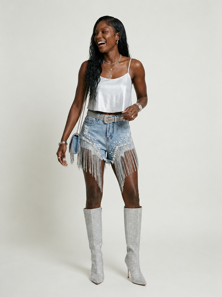 Radiant Beaded Tassel Denim Shorts