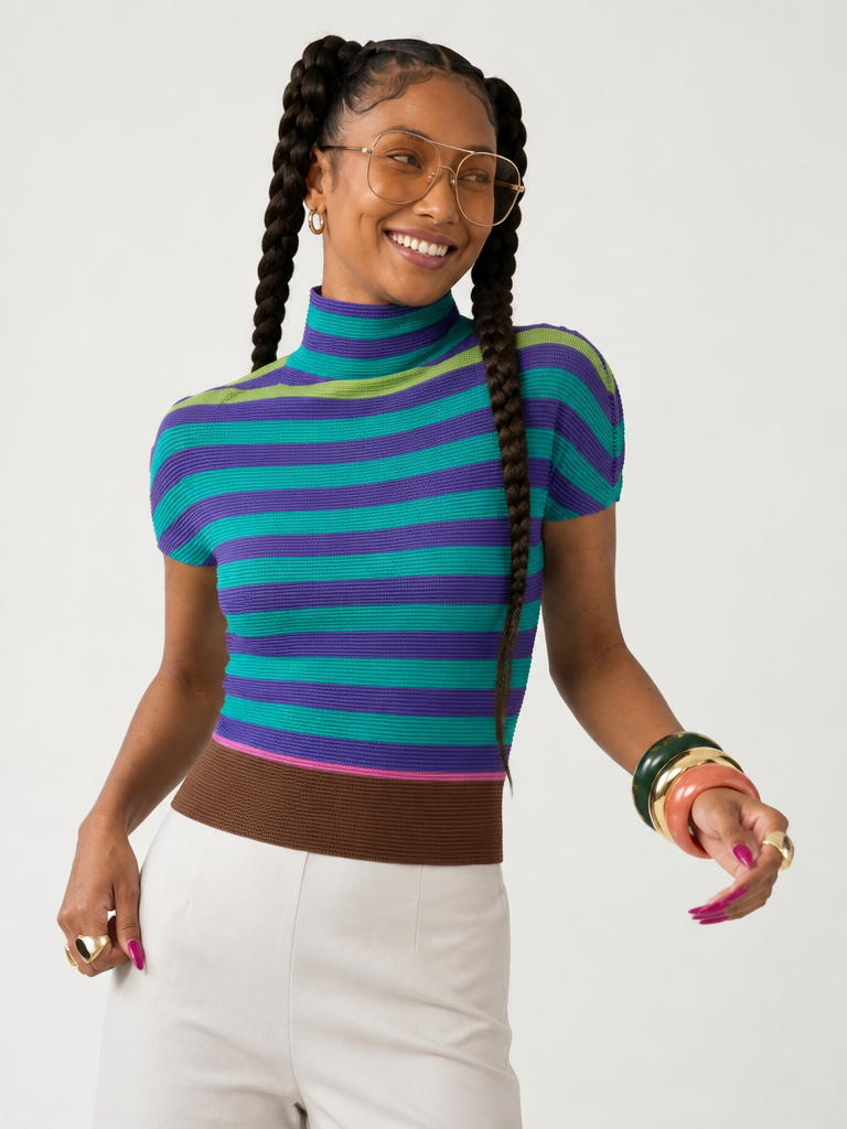 Vibrant Striped Pleated T-shirt