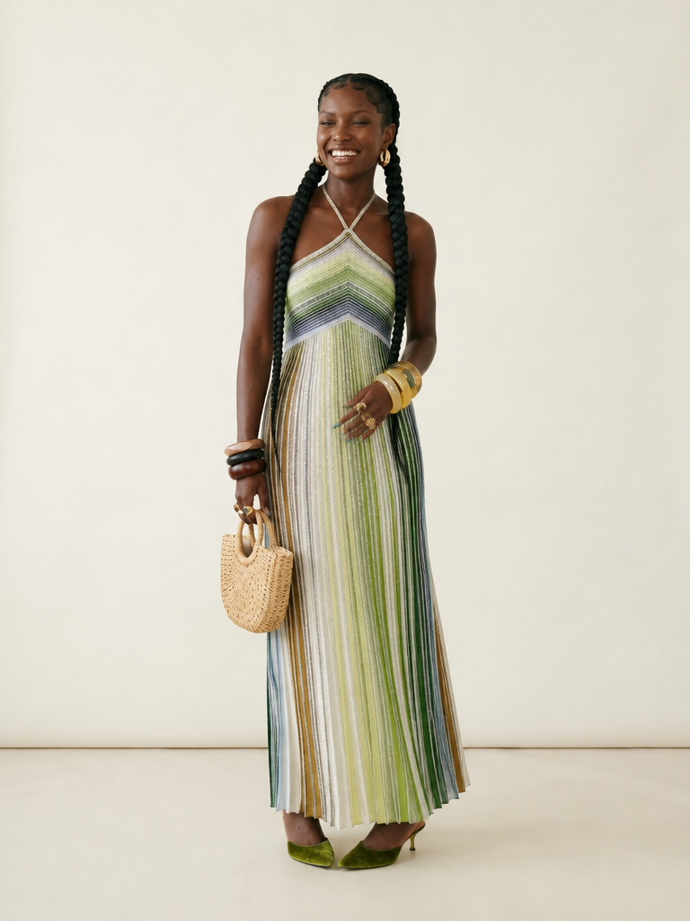 Vibrant Striped Halter Maxi Dress