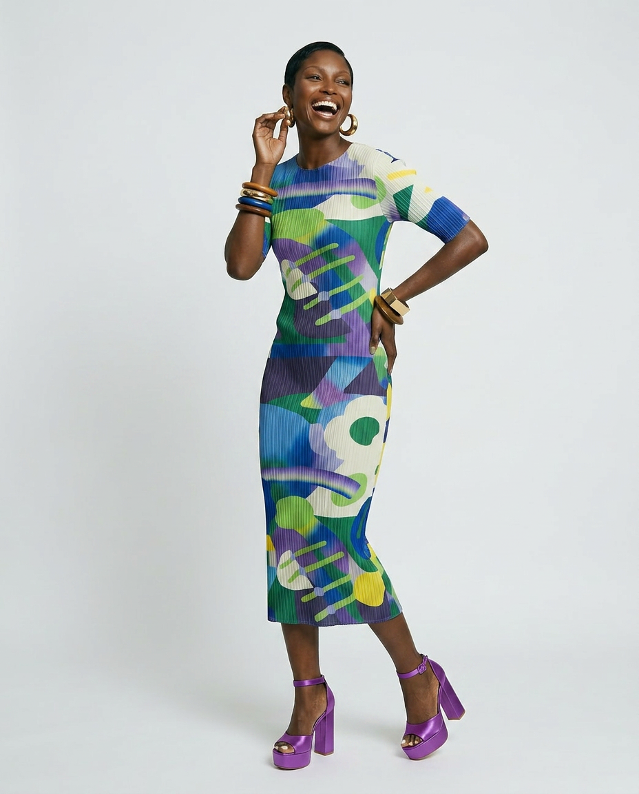 Vibrant Abstract Pleated Midi Dress