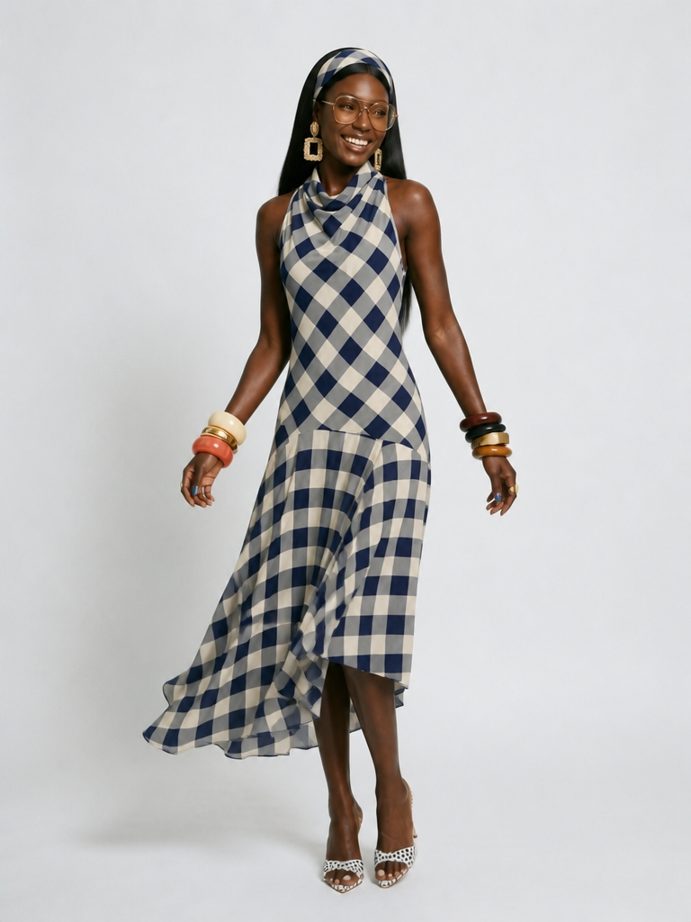 Ethereal Plaid Halter Midi Dress