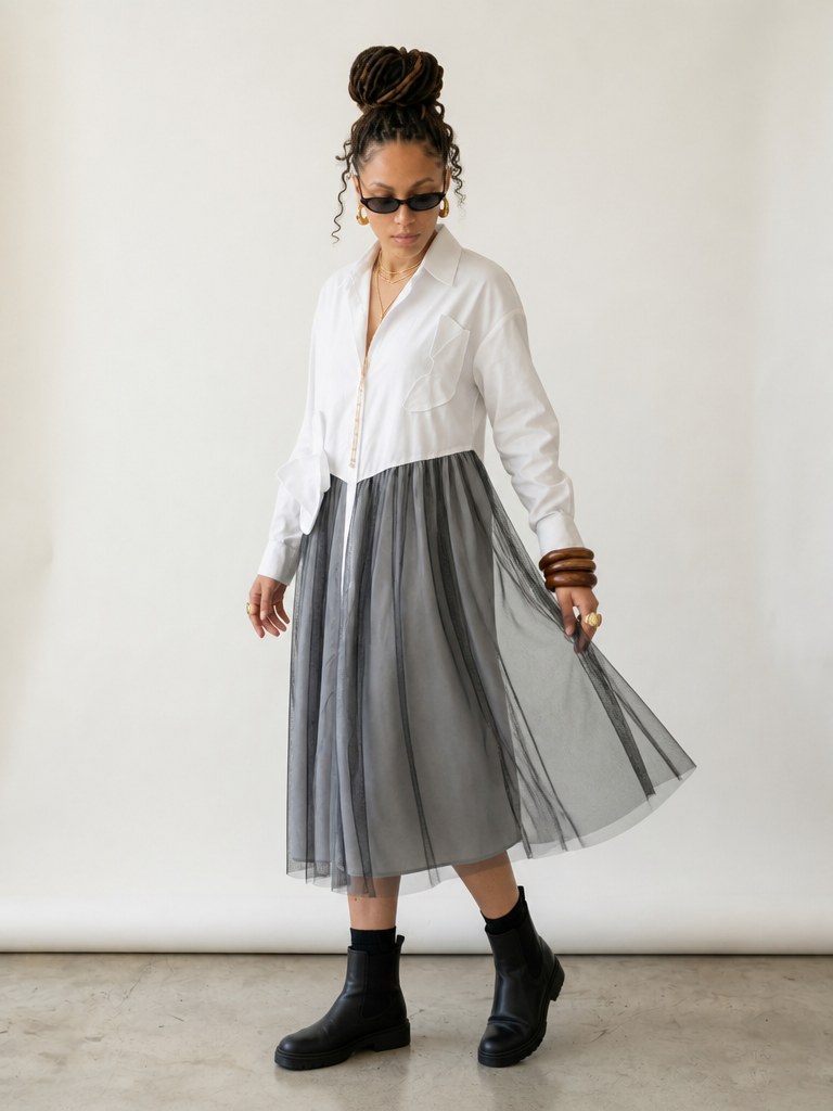 Unique Mesh Patchwork Shirt Dress