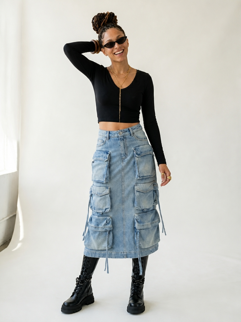 Audacious Denim Cargo Midi Skirt