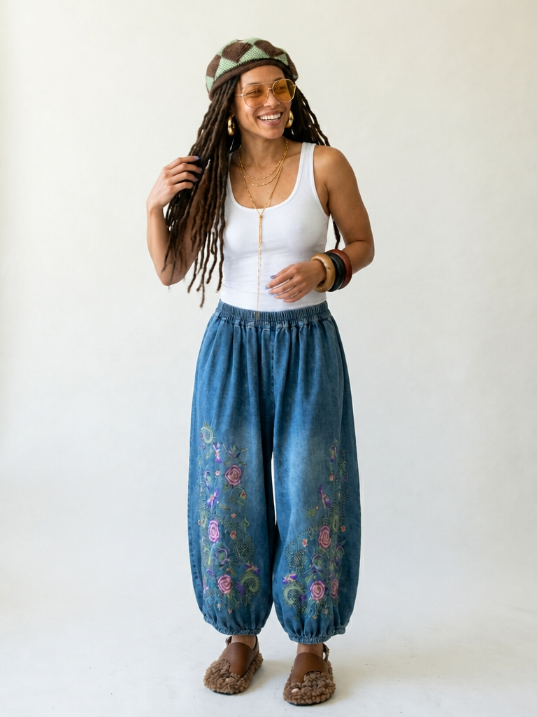 Free Spirit Embroidered Denim Wide-Leg Pants