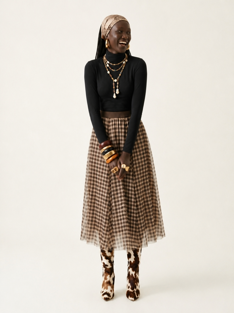 Grounded Plaid Mesh A-Line Skirt