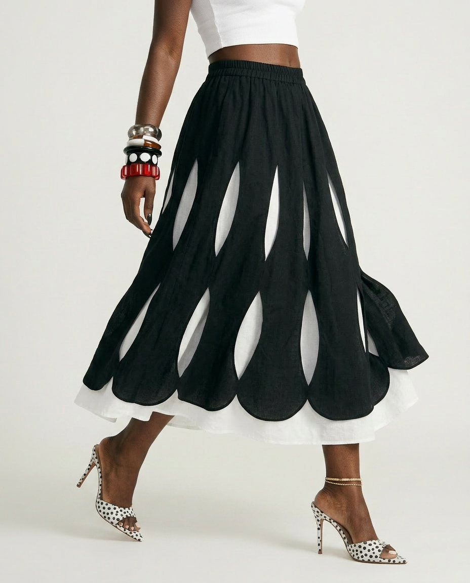 Unique Layered Hole-Design Maxi Skirt