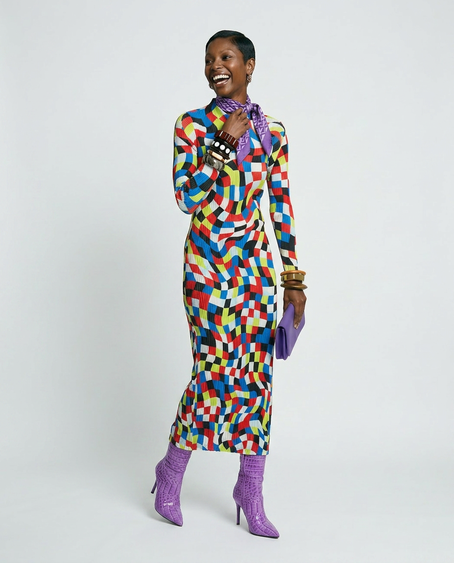 Vibrant Plaid Pleated Maxi Dress