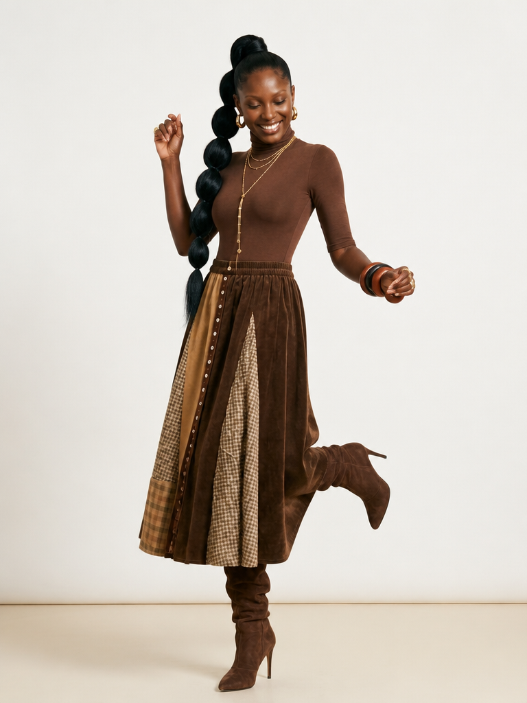 Grounded Plaid Patchwork A-Line Skirt
