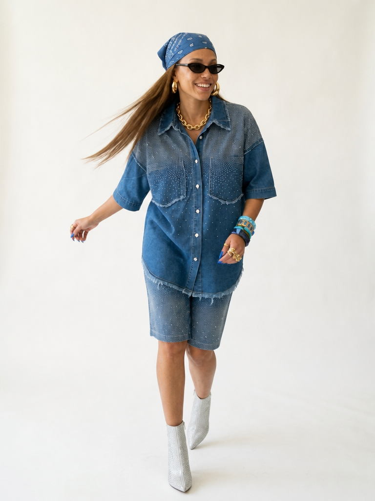 Vibrant Crystal Denim Two-Piece Set
