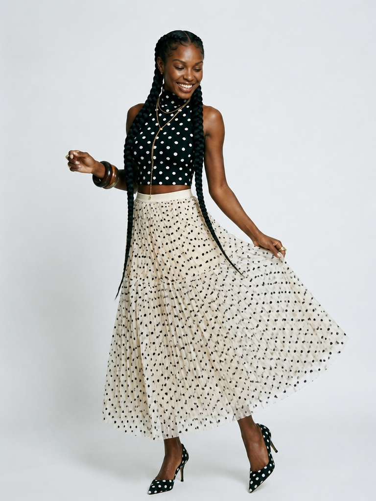 Divine Polka Dot Mesh Midi Skirt