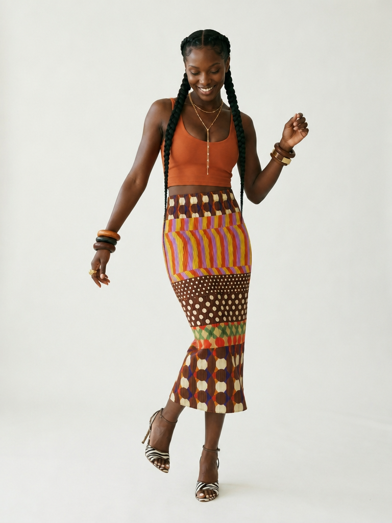Spirited Pleated Geometric Midi Skirt
