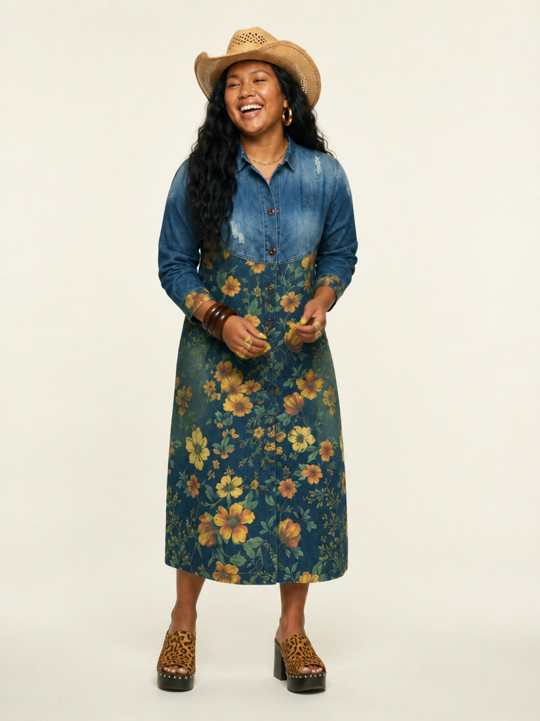 Adventurous Printed Denim Trench Coat