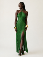 Vibrant Fringe Halter Maxi Dress