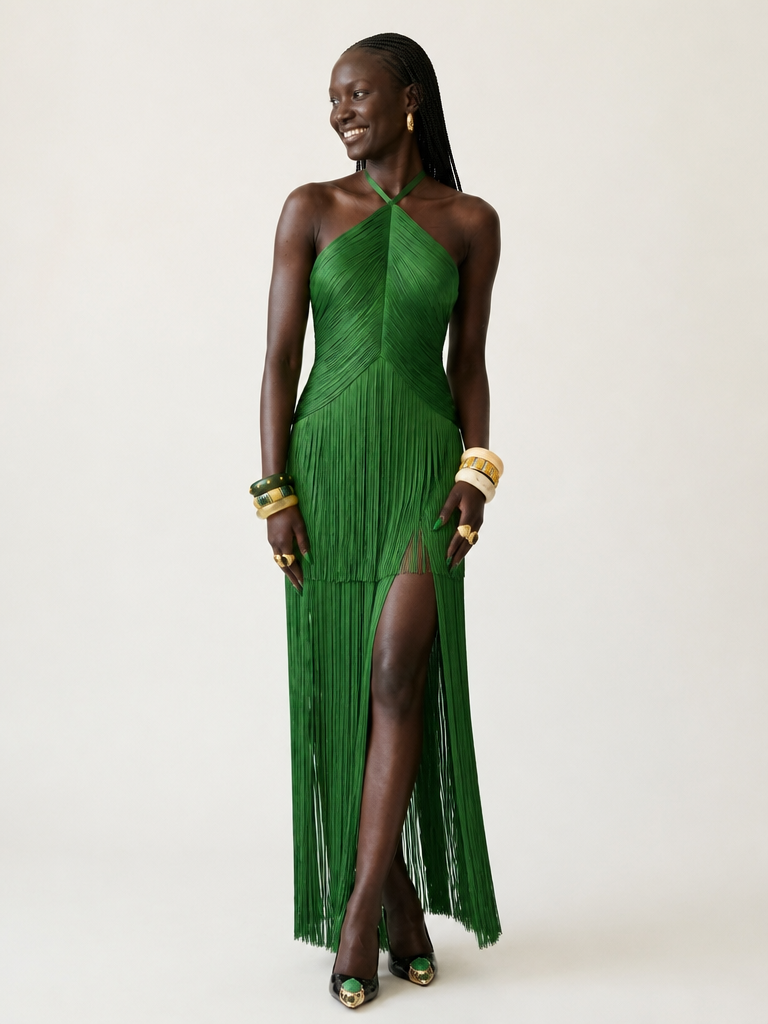 Vibrant Fringe Halter Maxi Dress