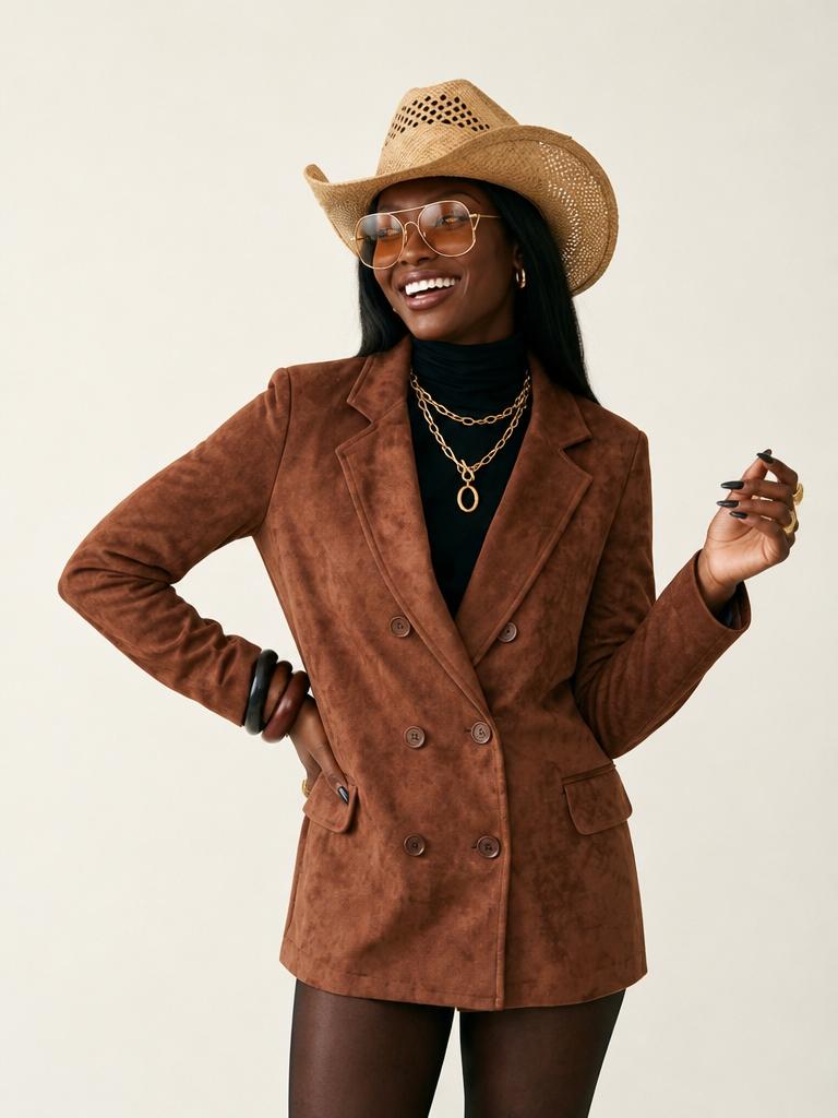 Confident Double Breasted Faux Suede Blazer