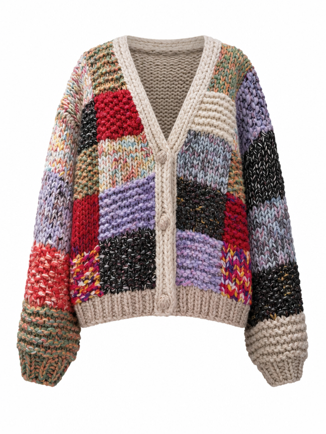 Vibrant Patchwork Knit Cardigan Hover Image