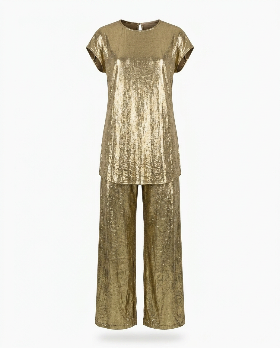 Divine Golden Pleated Two-Piece Set