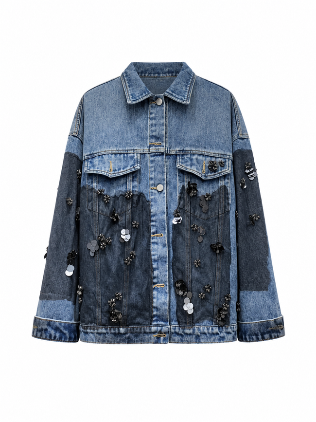 Audacious Patchwork Sequin Denim Jacket Hover Image