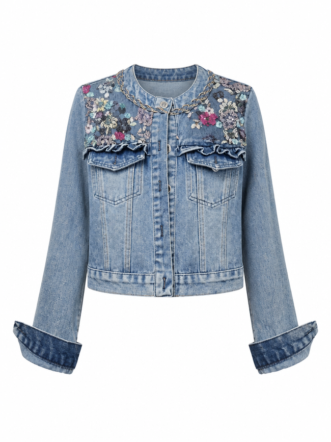 Daring Embroidered Floral Denim Jacket Hover Image