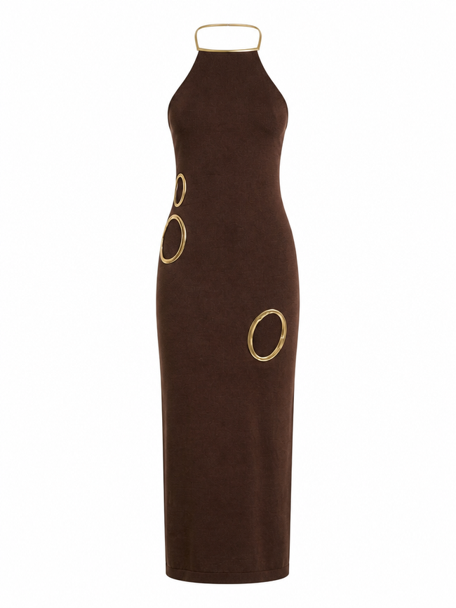 Magnetic Gold Cutout Halter Maxi Dress Hover Image