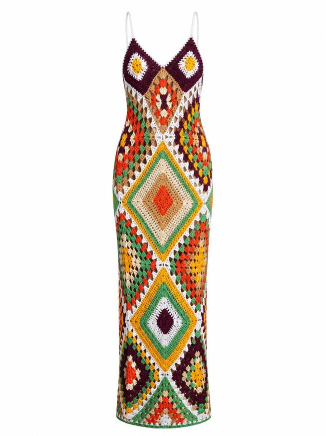 Vibrant Crochet Patchwork Maxi Dress Hover Image