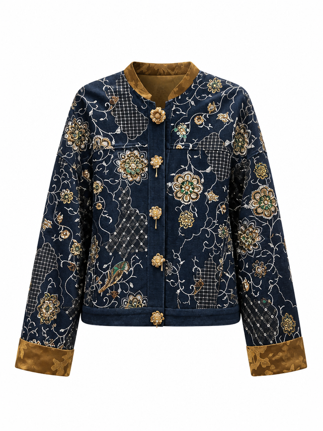 Magnetic Jacquard Beaded Denim Jacket Hover Image