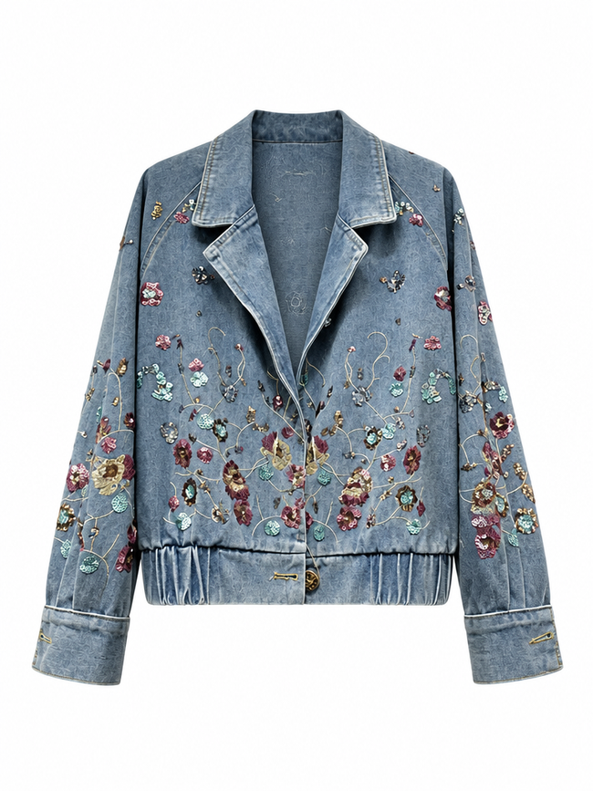 Vibrant Sequin Floral Denim Jacket Hover Image