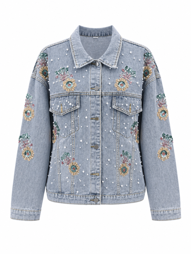 Magnetic Sequin Pearl Denim Jacket Hover Image