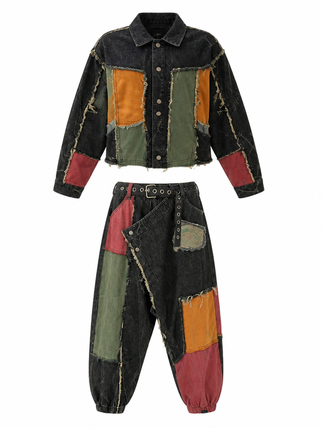 Unique Distressed Patchwork Denim Set Hover Image