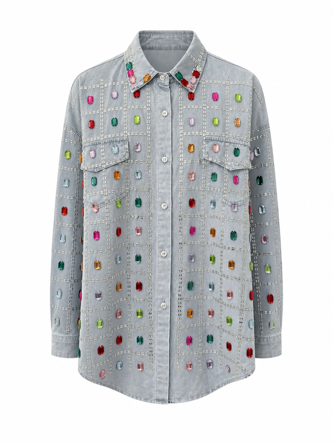 Vibrant Rhinestone Denim Blouse Hover Image