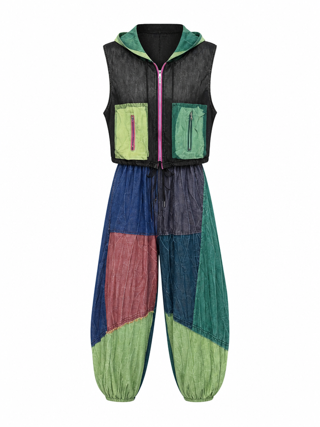 Unique Color Block Denim Set Hover Image