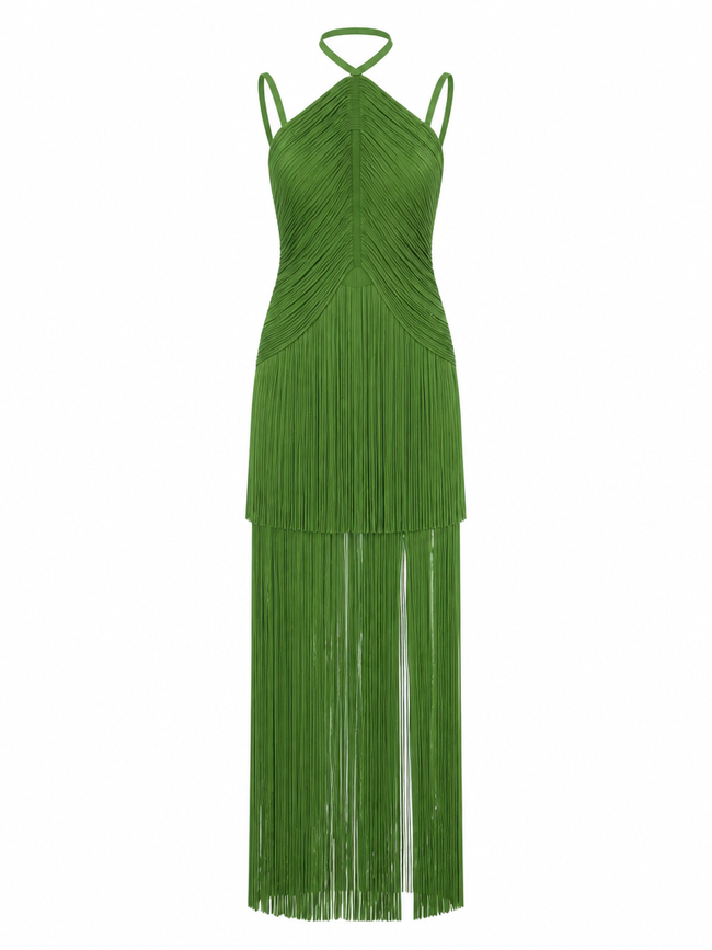 Vibrant Fringe Halter Maxi Dress Hover Image