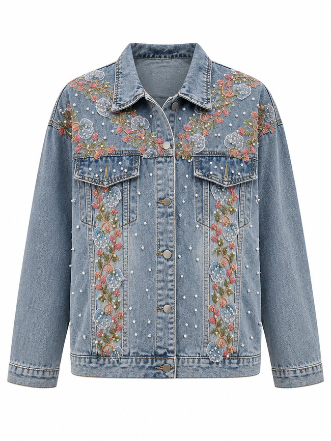 Confident Embroidered Pearl Denim Jacket Hover Image