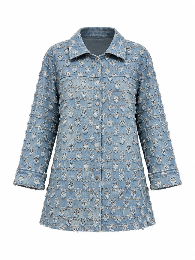 Daring Distressed Sequin Denim Jacket Hover Image